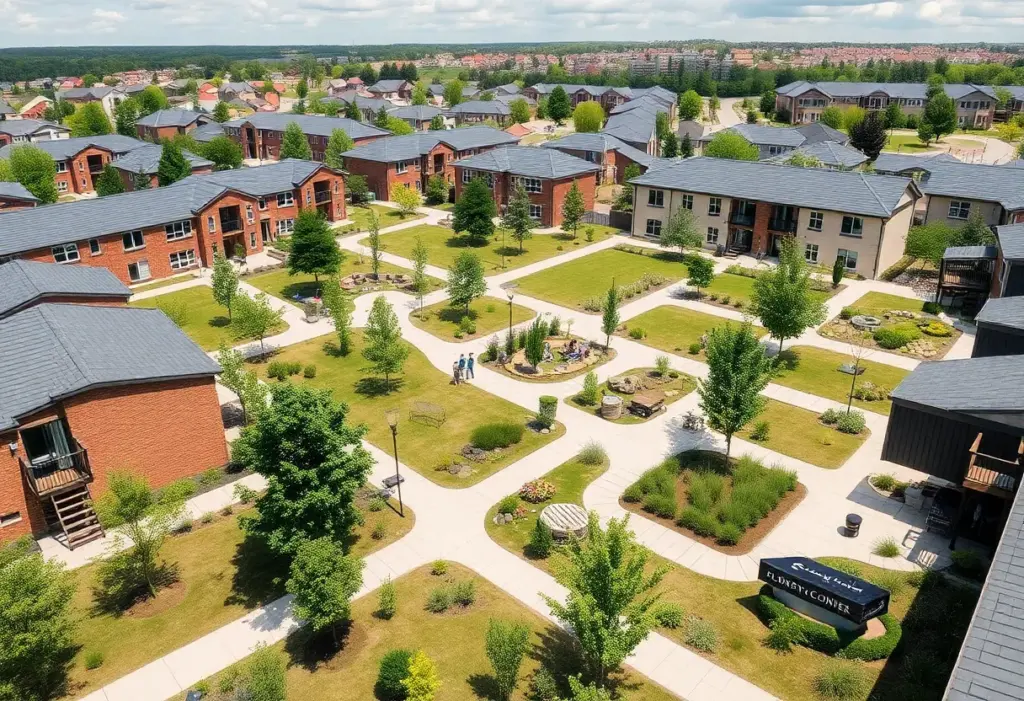Affordable housing units with green spaces in South Omaha