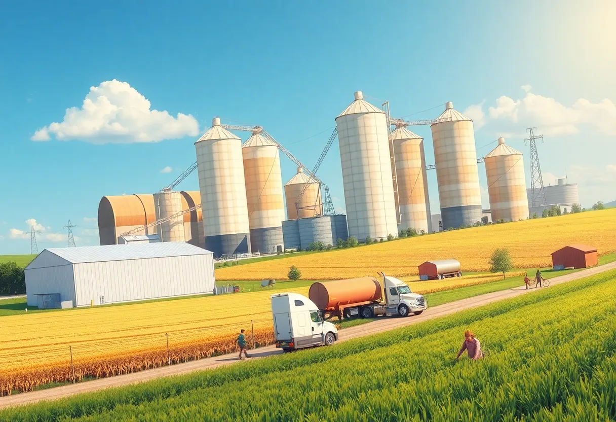 A vibrant agribusiness landscape showing grain elevators and farmers at work.