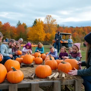 Families celebrating All Hallows' Eve at Arbor Day Farms in Omaha, with pumpkin carving and hayrides.