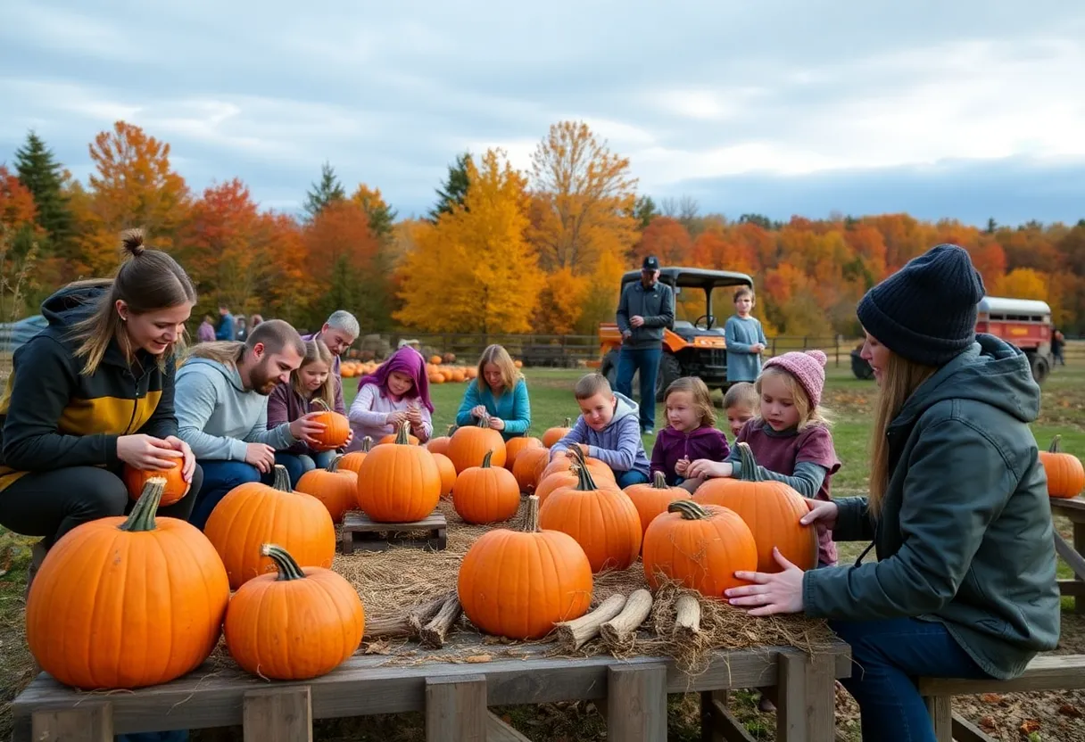 Families celebrating All Hallows' Eve at Arbor Day Farms in Omaha, with pumpkin carving and hayrides.