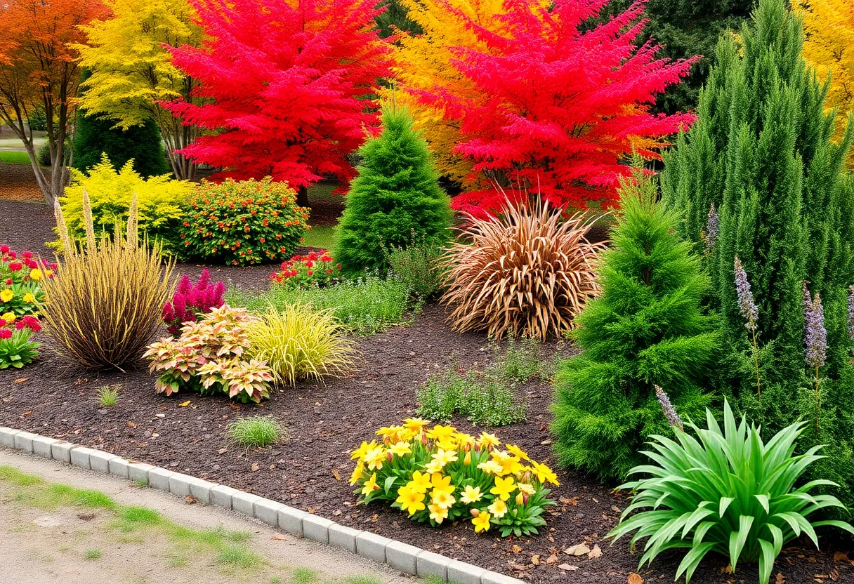 Beautiful autumn garden ready for winter preparation with mulched beds and pruned shrubs.
