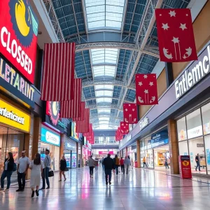 Closed entertainment venues at Bayshore Mall including cinemas, bowling, and arcade.