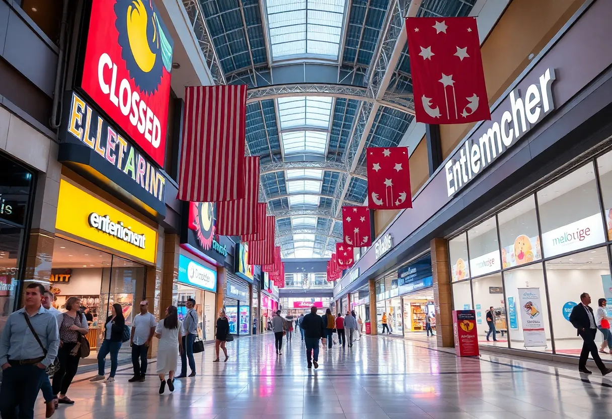 Closed entertainment venues at Bayshore Mall including cinemas, bowling, and arcade.