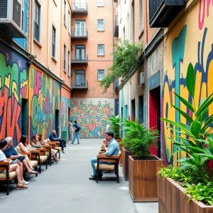 Vibrant event space in Blackstone Alley with murals and seating