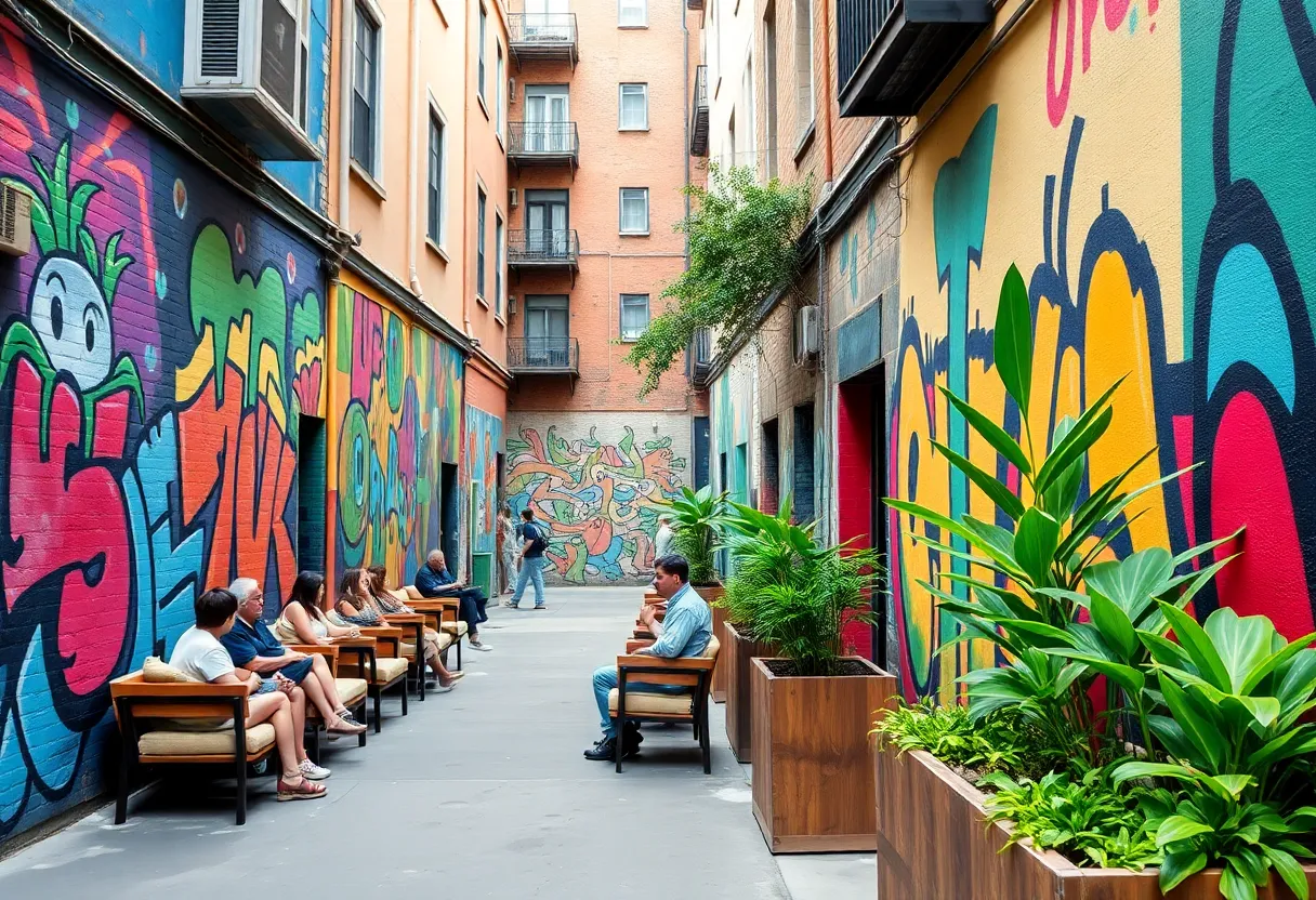 Vibrant event space in Blackstone Alley with murals and seating