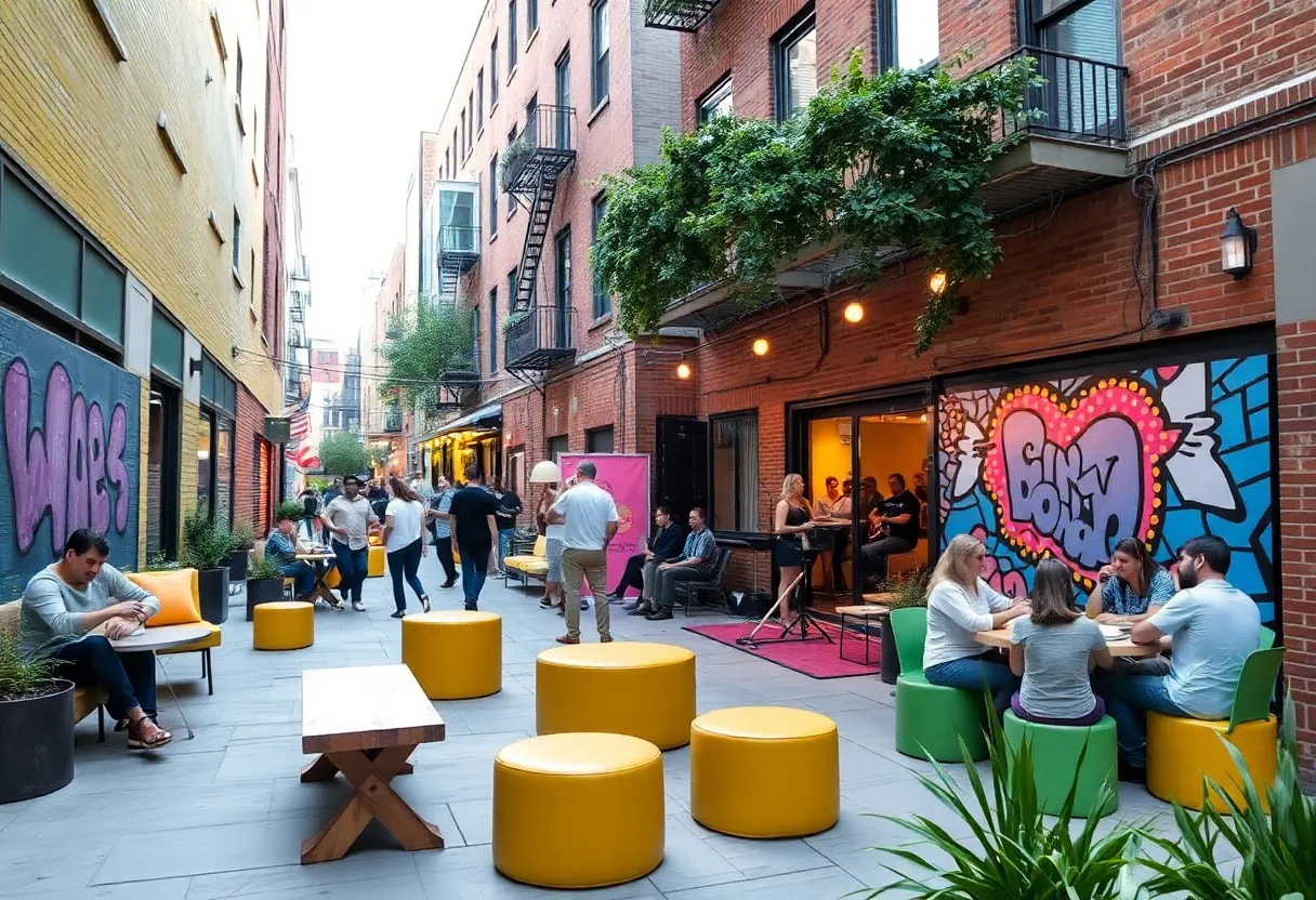 Vibrant event space in Omaha's Blackstone District with art installations and seating