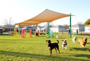 Community members at the opening of Blair's first public dog park.