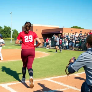 Bryan High School softball team playing during a game with fans cheering
