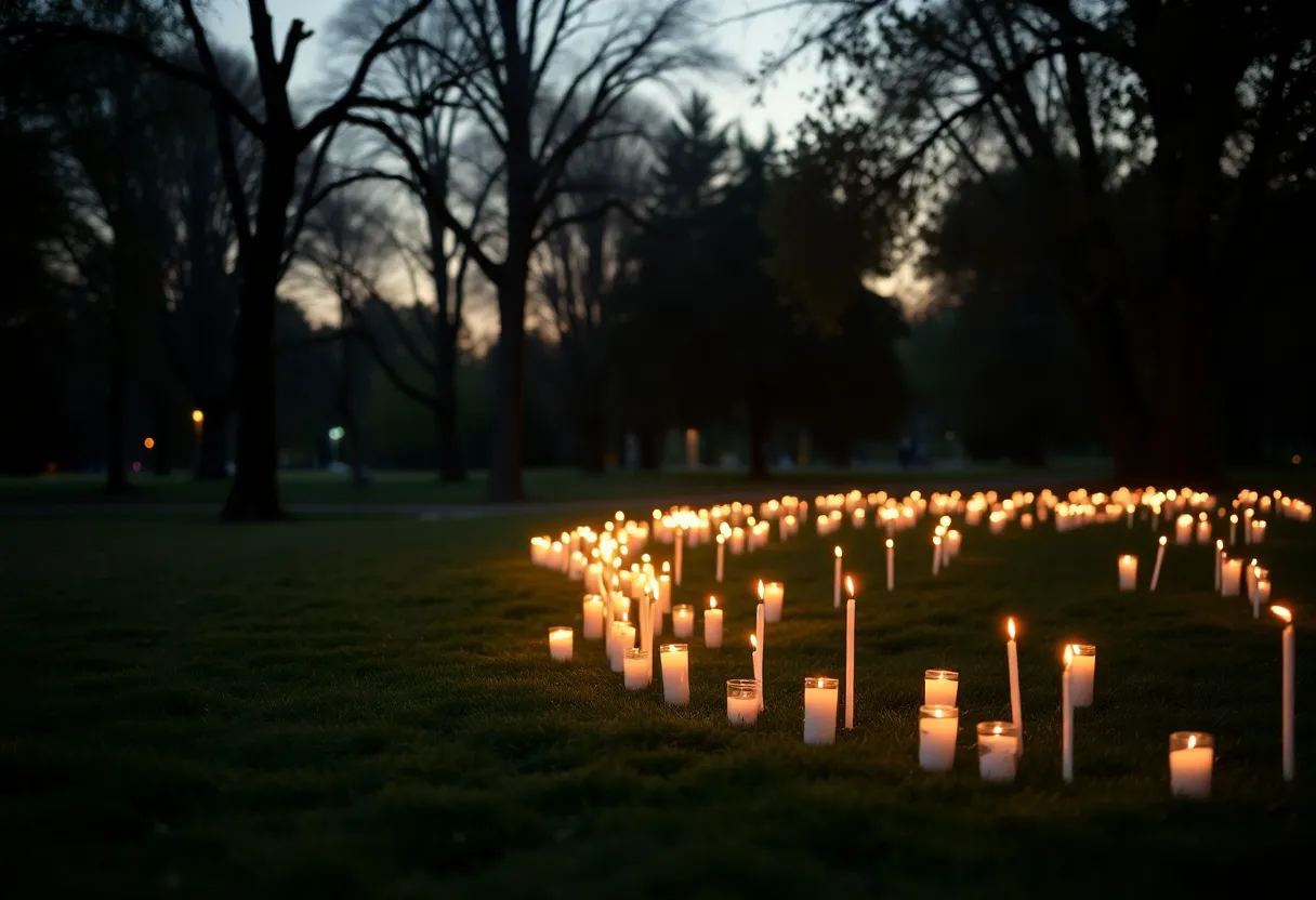 Candlelight vigil in a park showcasing community support for shooting victim.
