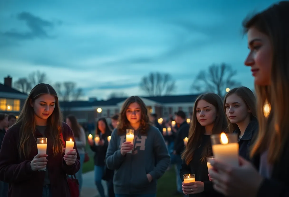 Students holding candles at a vigil for a critically injured classmate