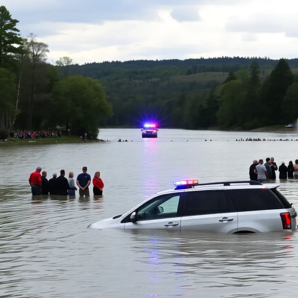 Police lights and crowds near Carter Lake after a vehicle crash