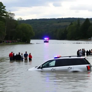 Police lights and crowds near Carter Lake after a vehicle crash
