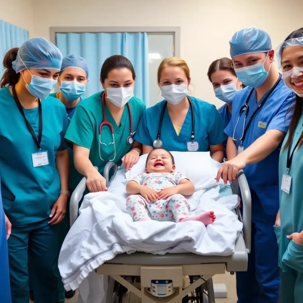 Celebration of an infant's cancer recovery at a hospital with healthcare professionals.