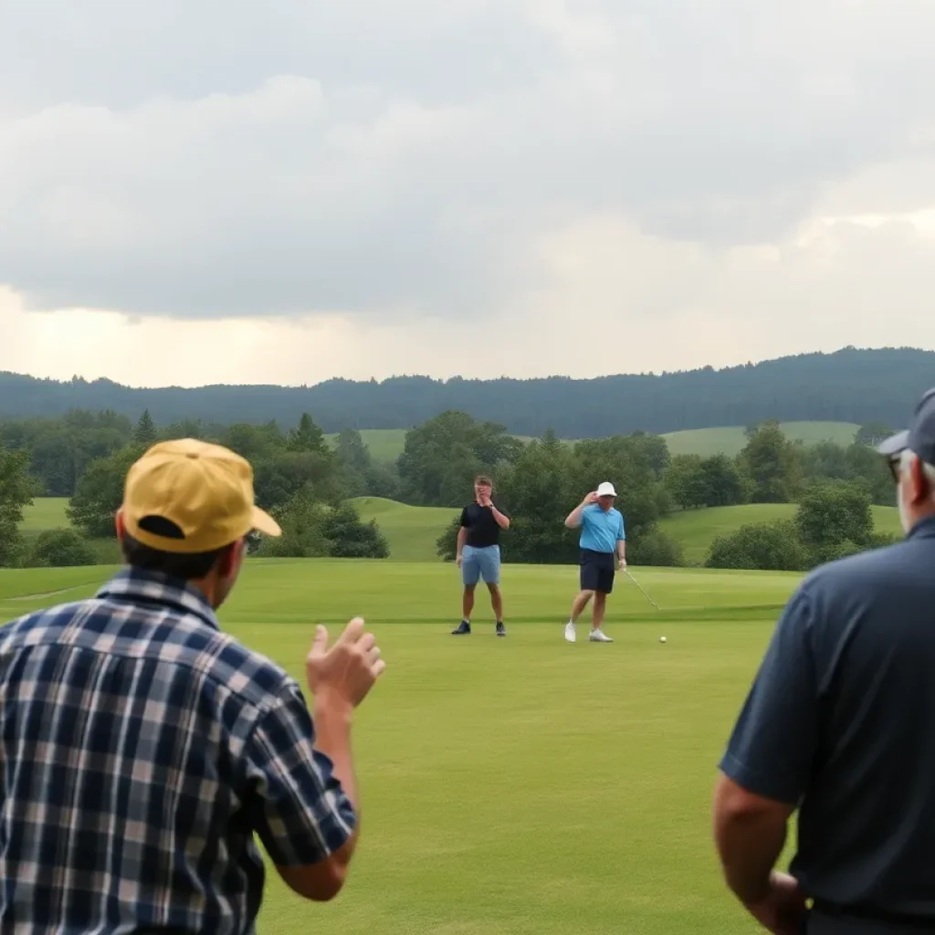 Participants at a charity golf scramble in a lush golf course setting with light rain