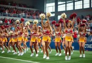 A group of cheerleaders performing at a football stadium.