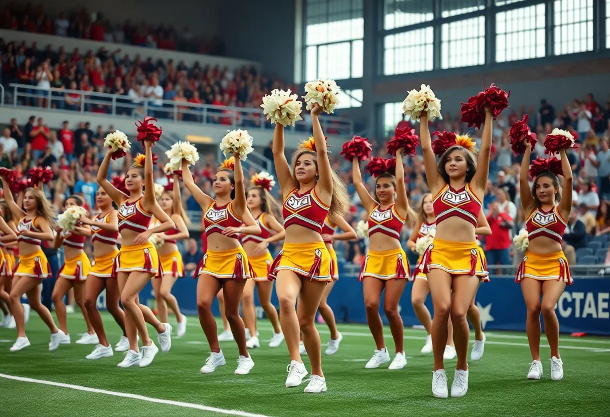 A group of cheerleaders performing at a football stadium.
