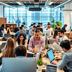 Diverse professionals working collaboratively in a modern co-working space.
