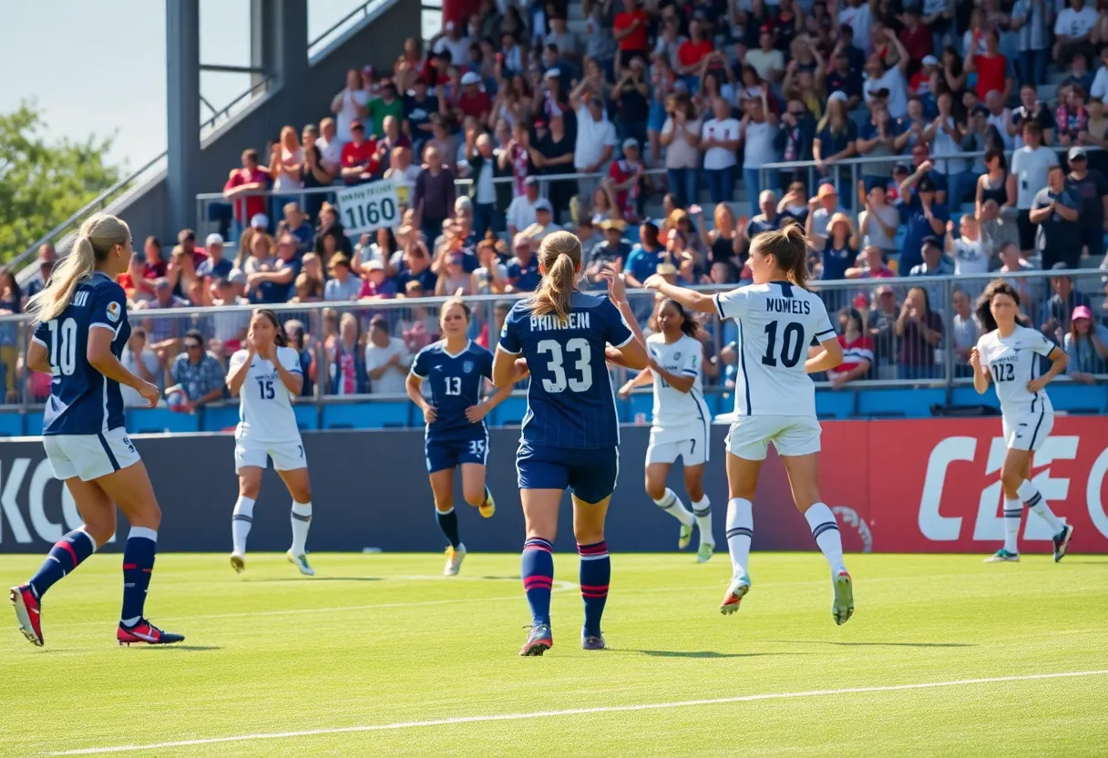 College of Saint Mary women's soccer team celebrating their victory over Hastings College