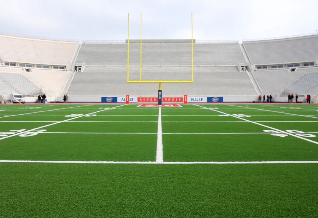A college football field with empty stands, symbolizing a transition period for the team