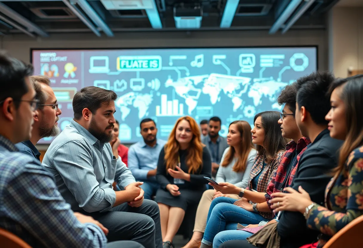 Community members discussing technology and governance at a forum