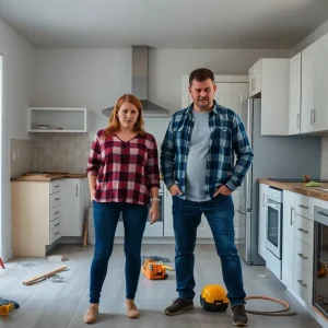 Distressed couple in unfinished kitchen due to home renovation scam
