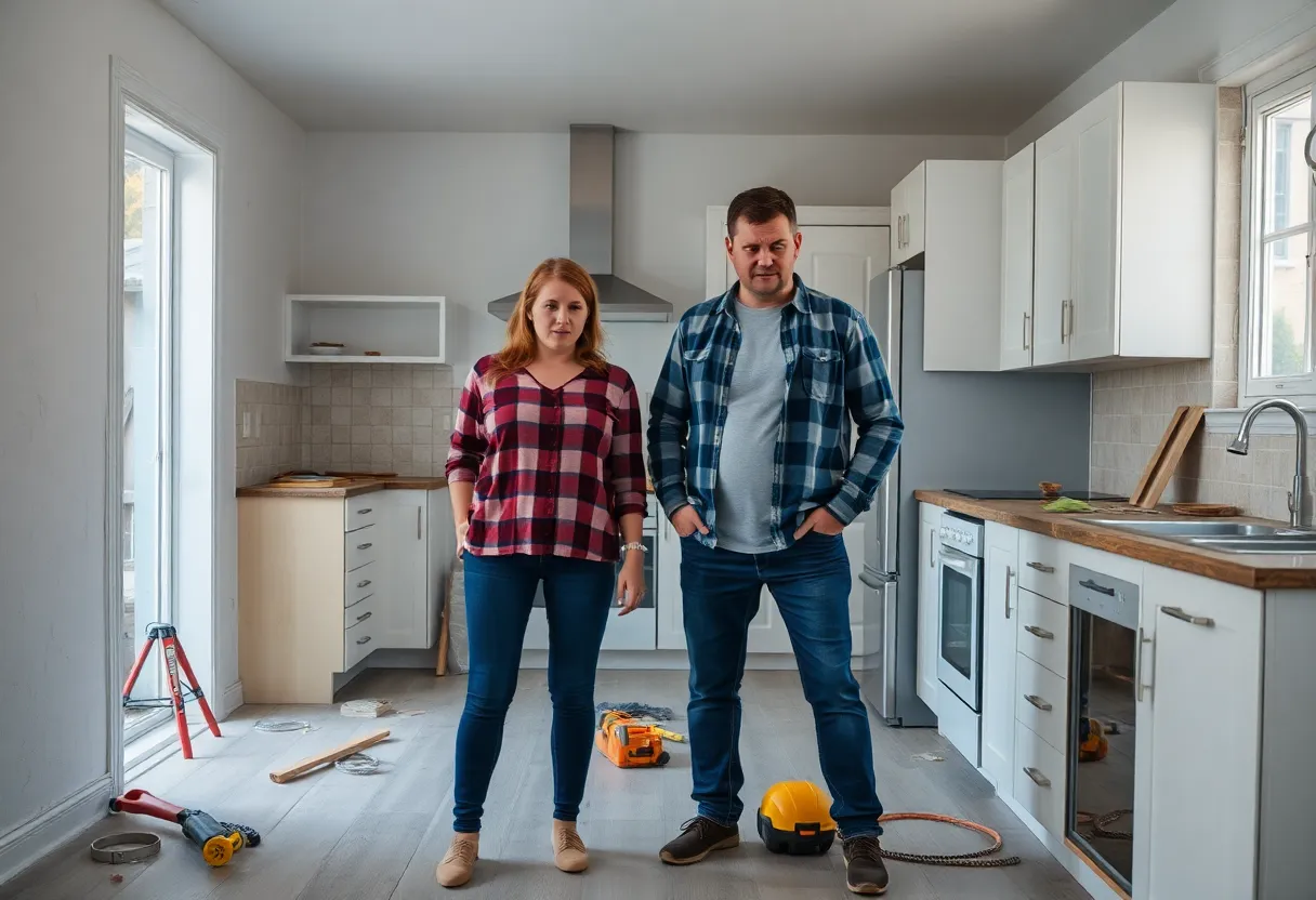 Distressed couple in unfinished kitchen due to home renovation scam