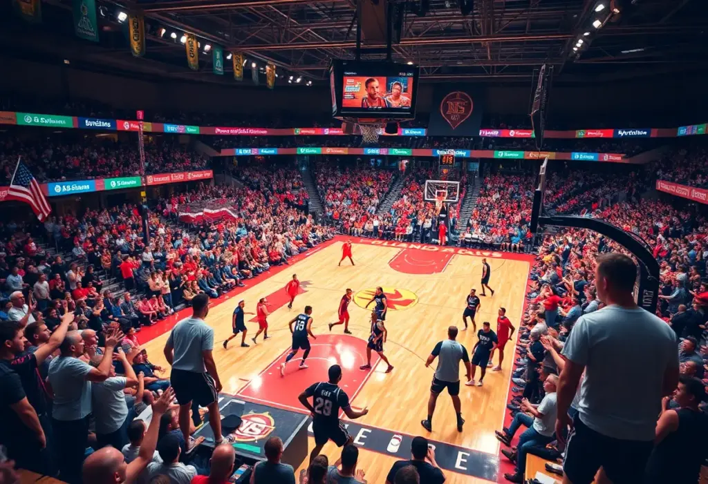 Basketball game with Creighton University players on the court.