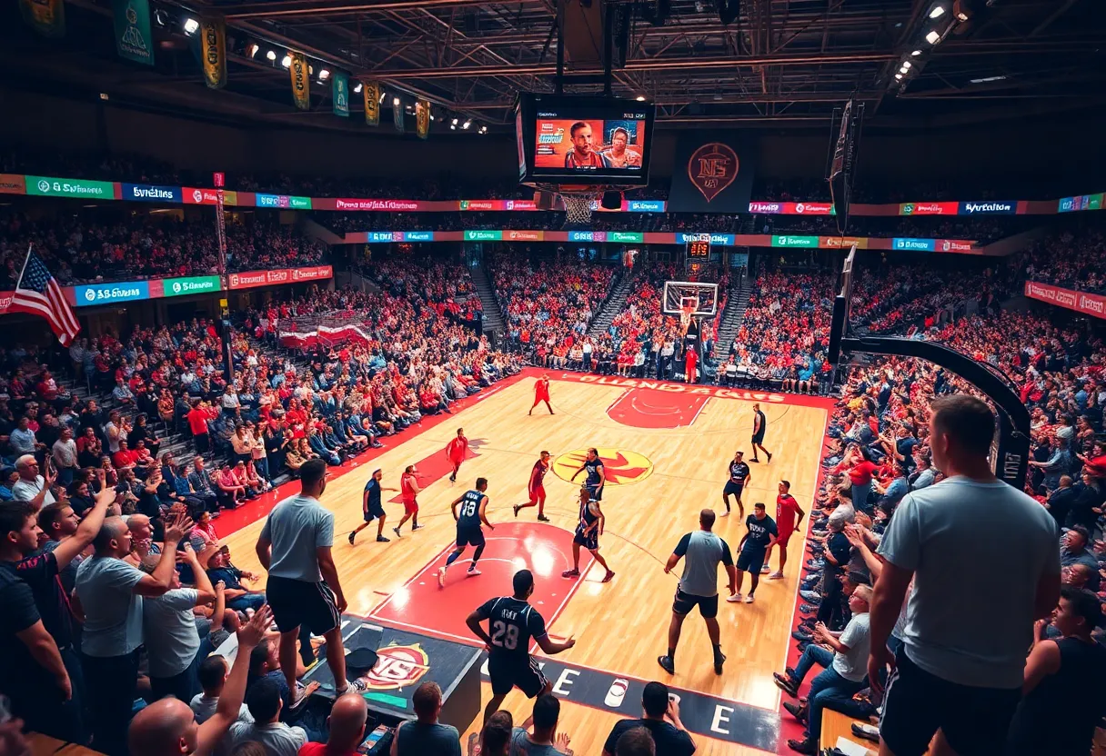 Basketball game with Creighton University players on the court.