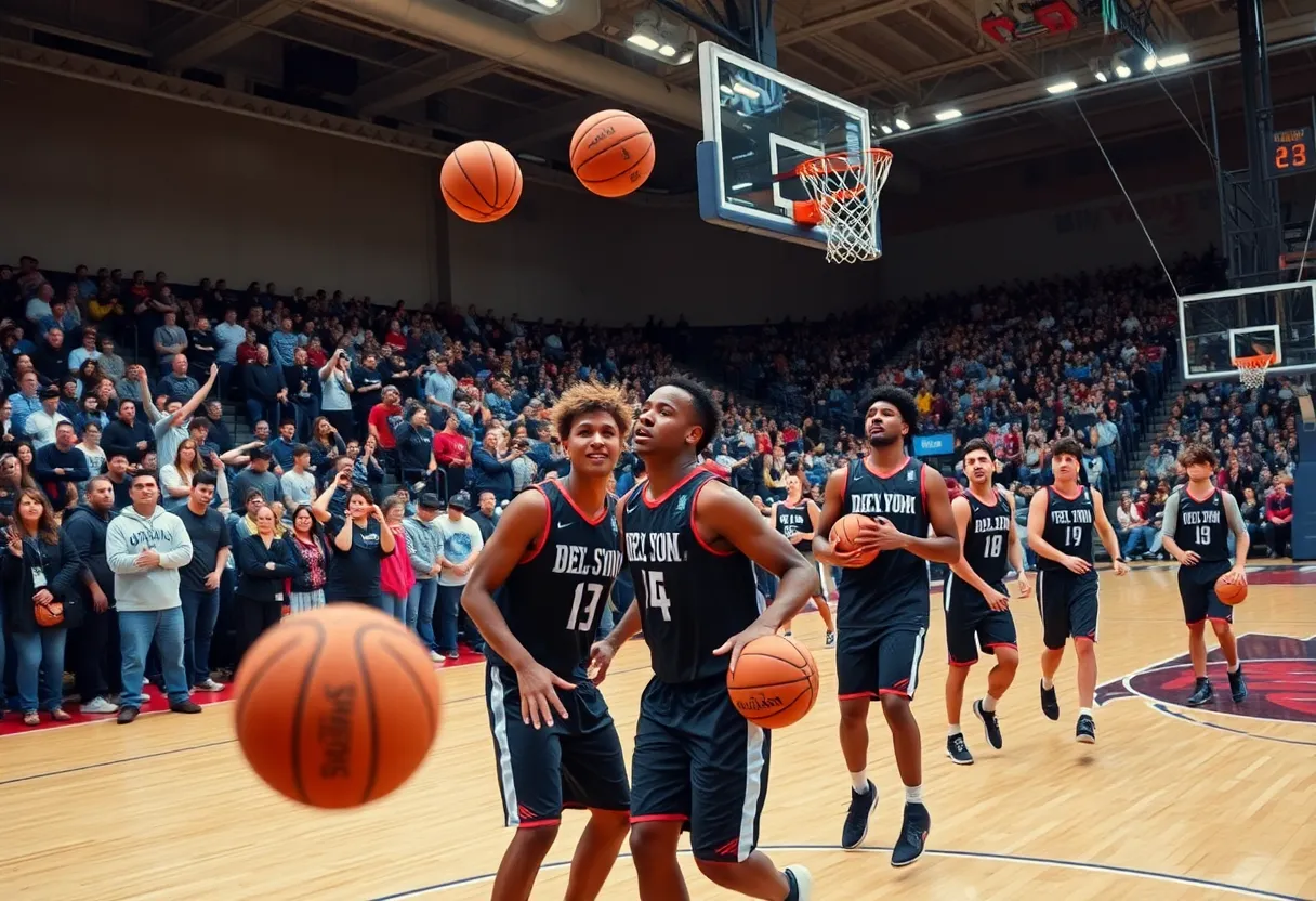 Basketball players practicing at the CHI Health Center with fans in the background