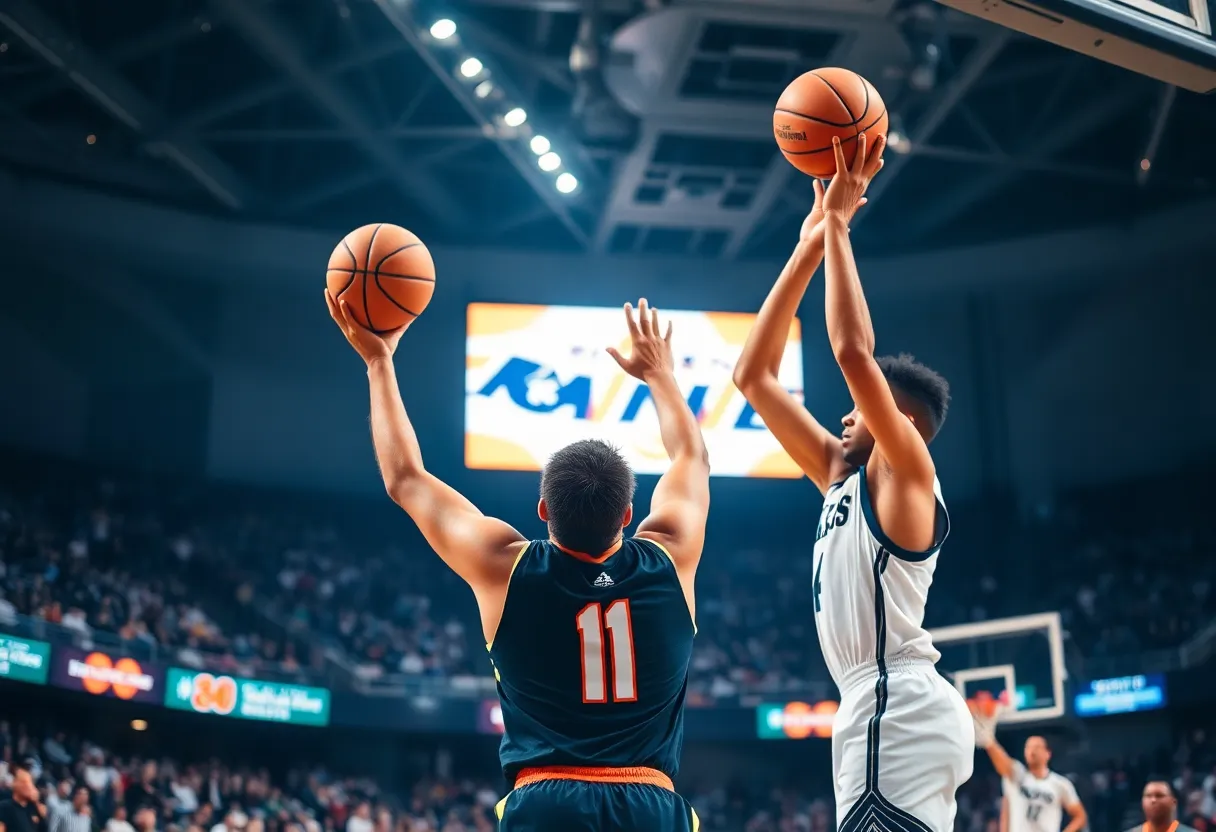 Basketball player shooting the ball during a college game.