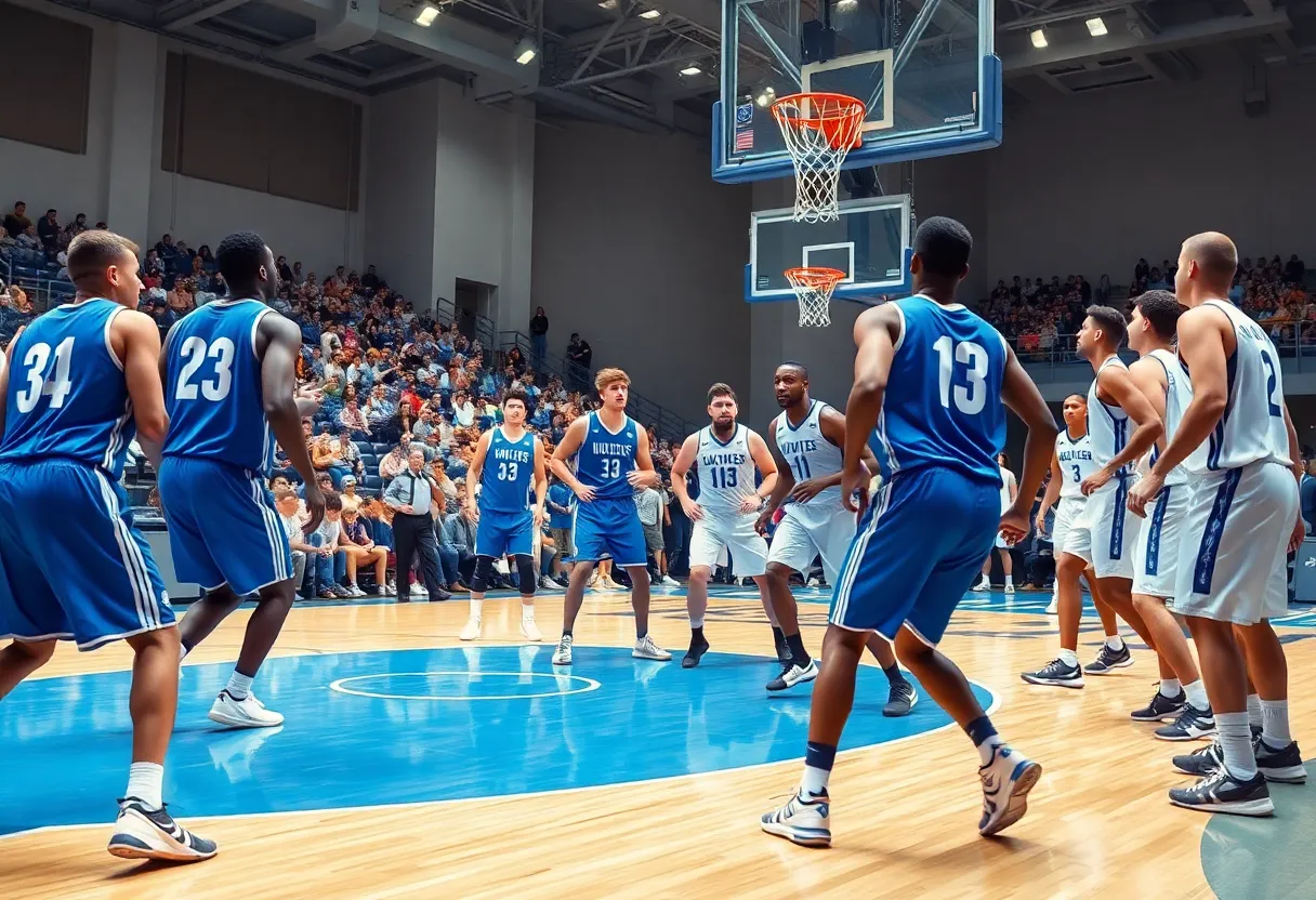 Creighton Bluejays basketball players competing against Iowa State Cyclones in an exhibition game.