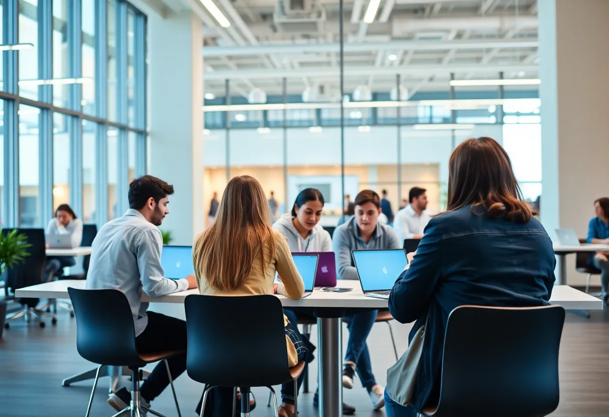 Students collaborating at Creighton University's new entrepreneurial center.