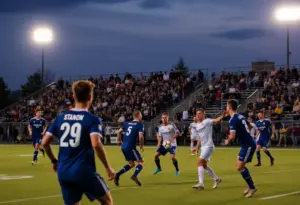 Creighton University men's soccer team celebrating victory at Morrison Stadium.
