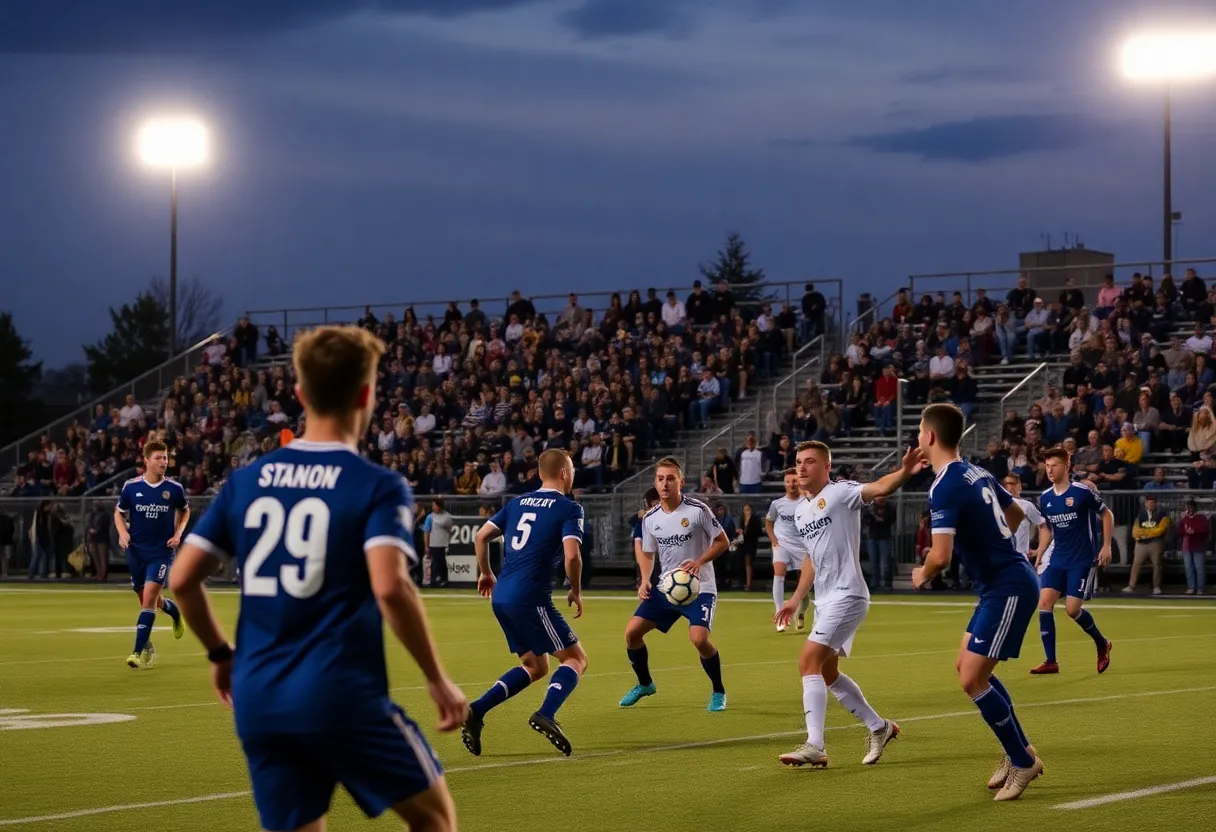 Creighton University men's soccer team celebrating victory at Morrison Stadium.