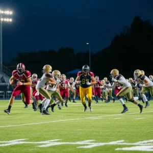 Football players in action during a high school game at Creighton Prep.