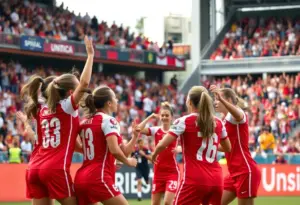 Celebration of Creighton Women's Soccer team after scoring a goal in a match