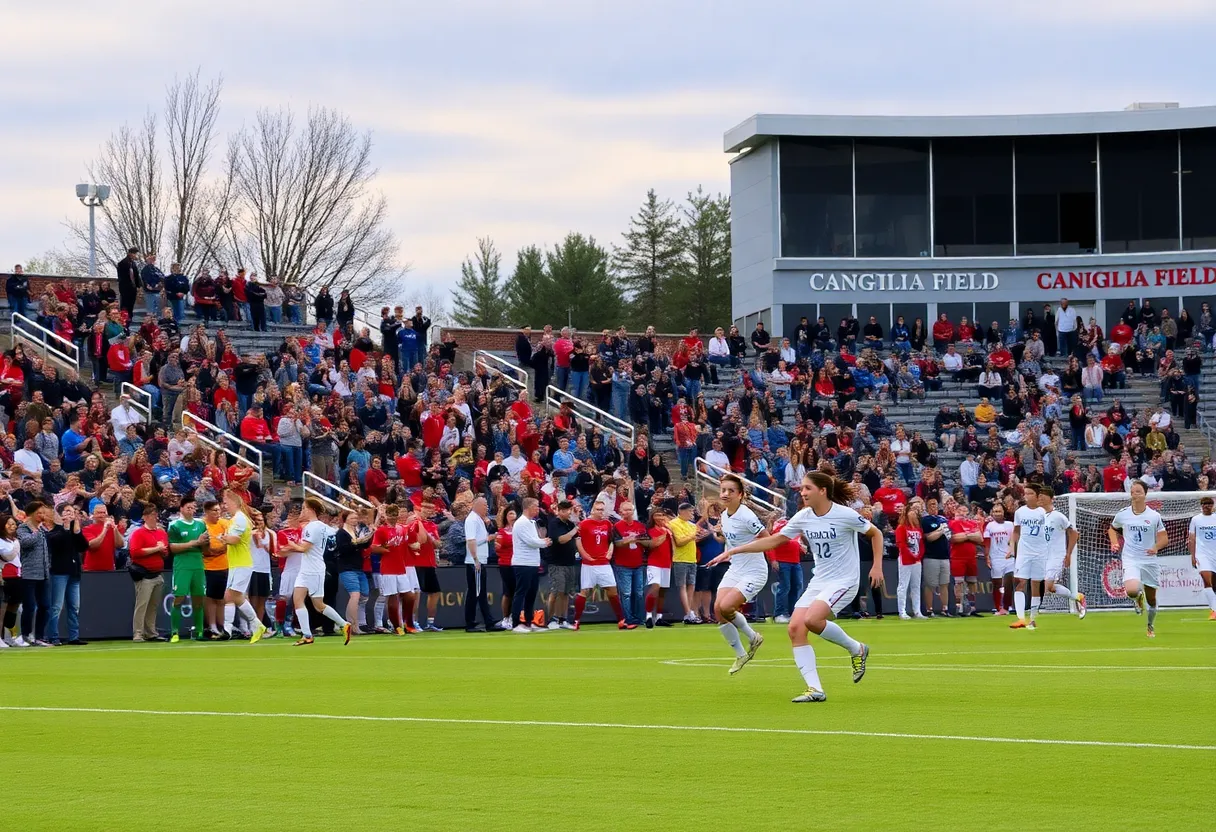 Players celebrating after Creighton soccer team win