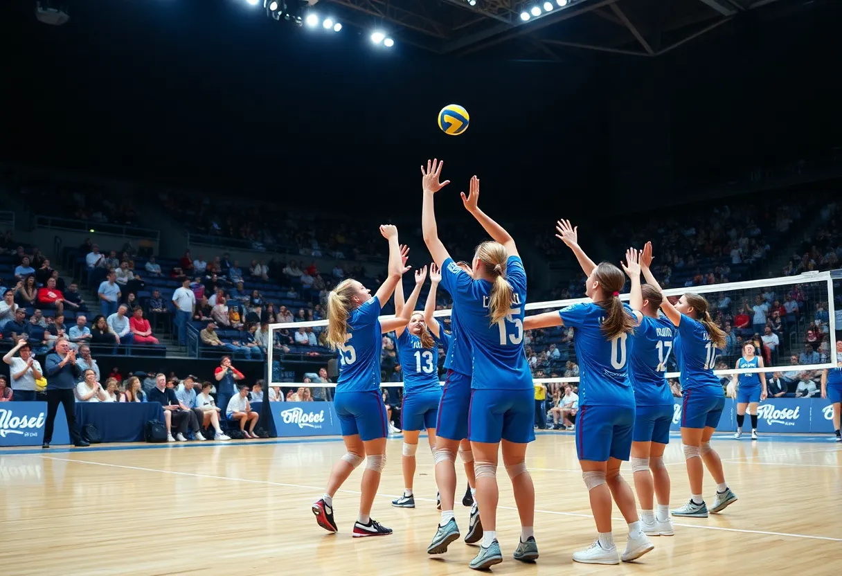 Creighton volleyball team celebrating a victory