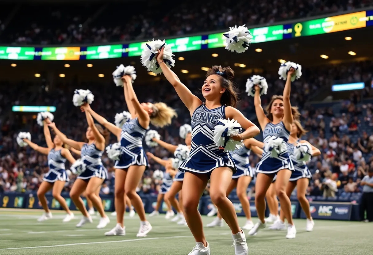 Energetic performance by Dallas Cowboys cheerleaders at AT&T Stadium