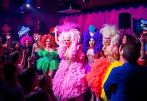 Spectacular drag performance featuring colorful costumes and lively atmosphere.