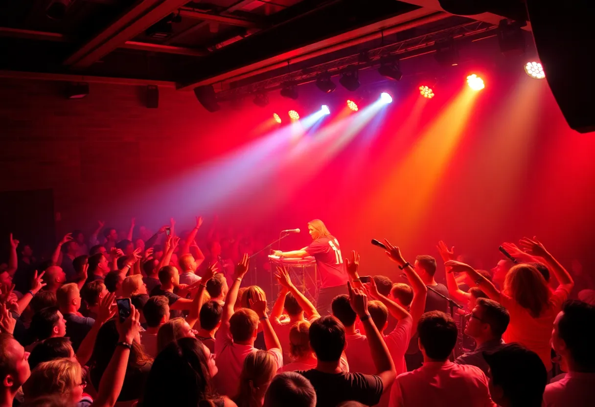 Elvis Costello performing at a sold-out concert in Omaha