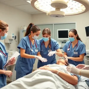 Nursing students participating in an emergency care simulation at UNMC