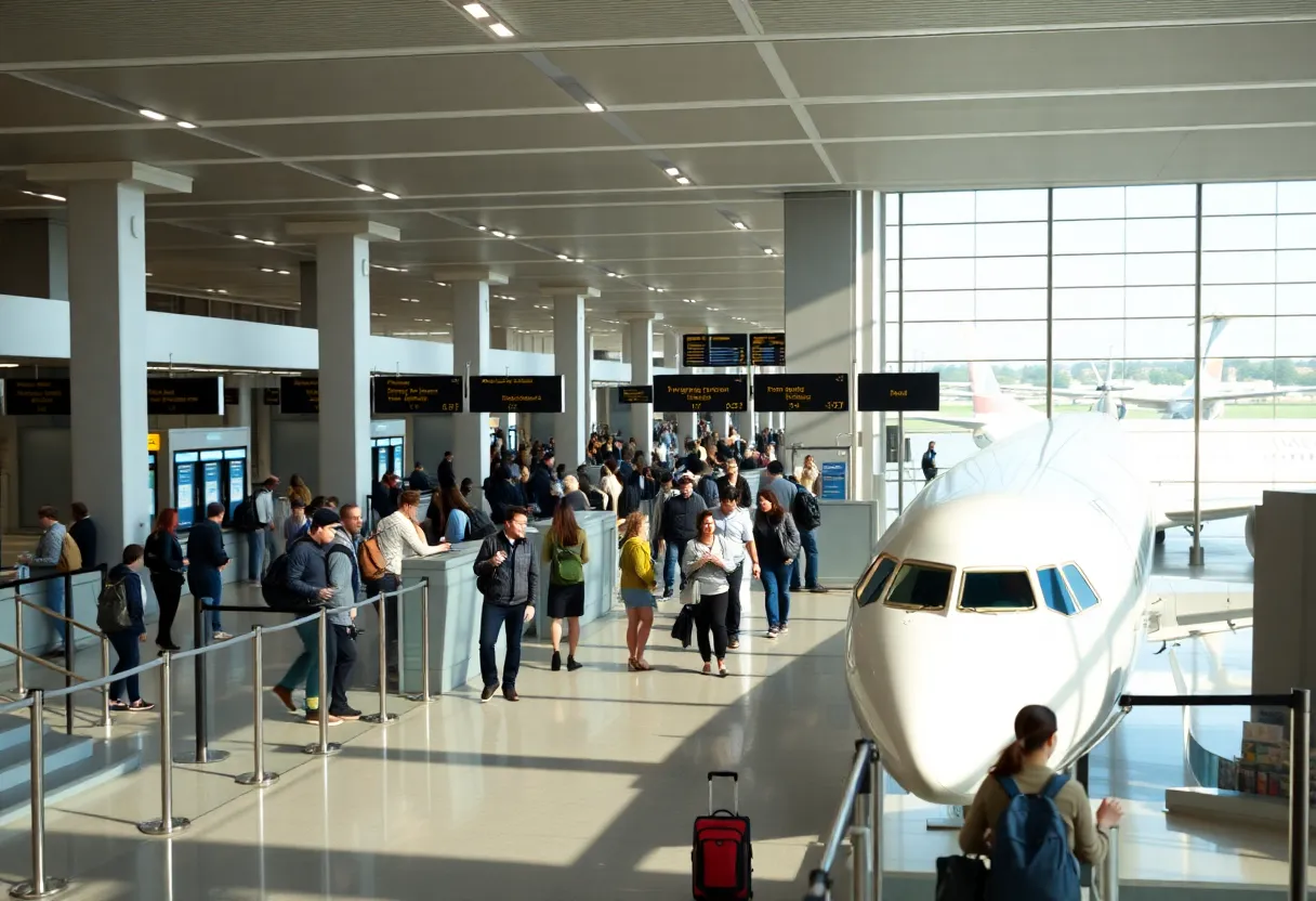 Eppley Airfield busy terminal with passengers and planes