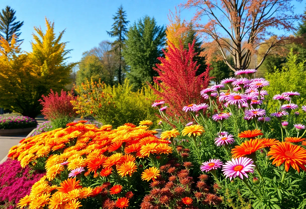 Participants at a fall landscaping seminar at Creighton University in Omaha, surrounded by autumn foliage.