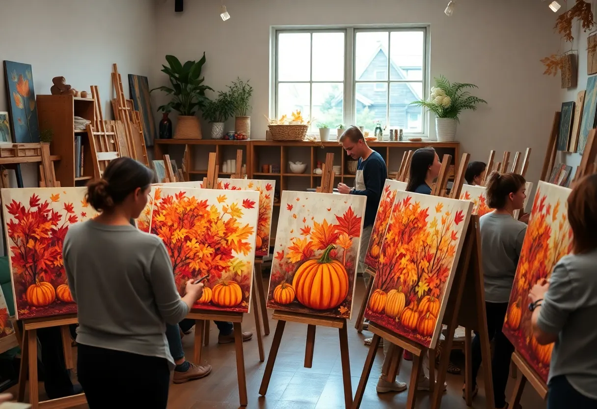 Participants painting autumn-themed artwork at the Fall Paint Night in Omaha
