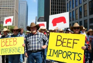 Farmers holding protest signs in Omaha against beef imports.