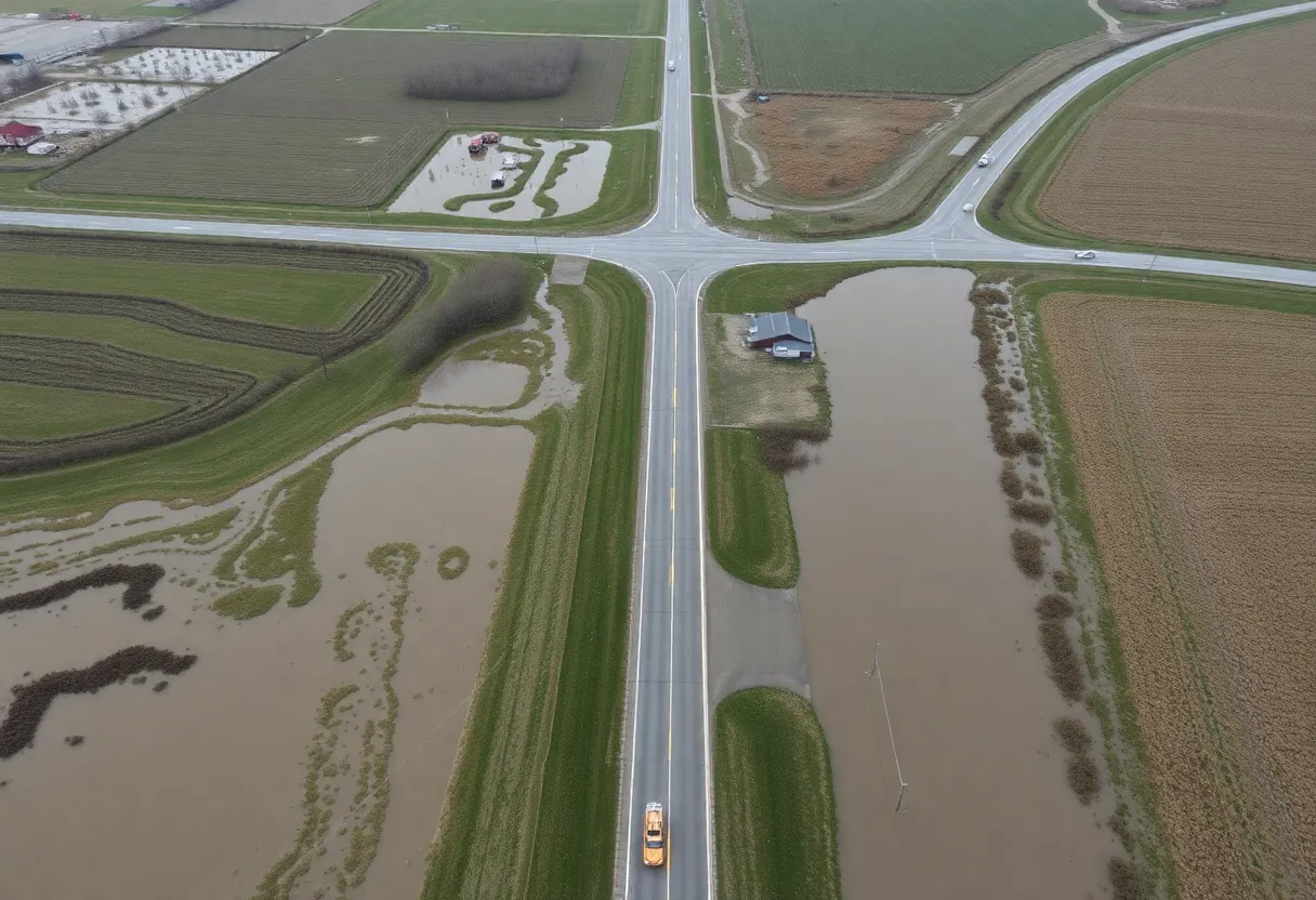 Flooded roads and fields in rural Iowa after rain.