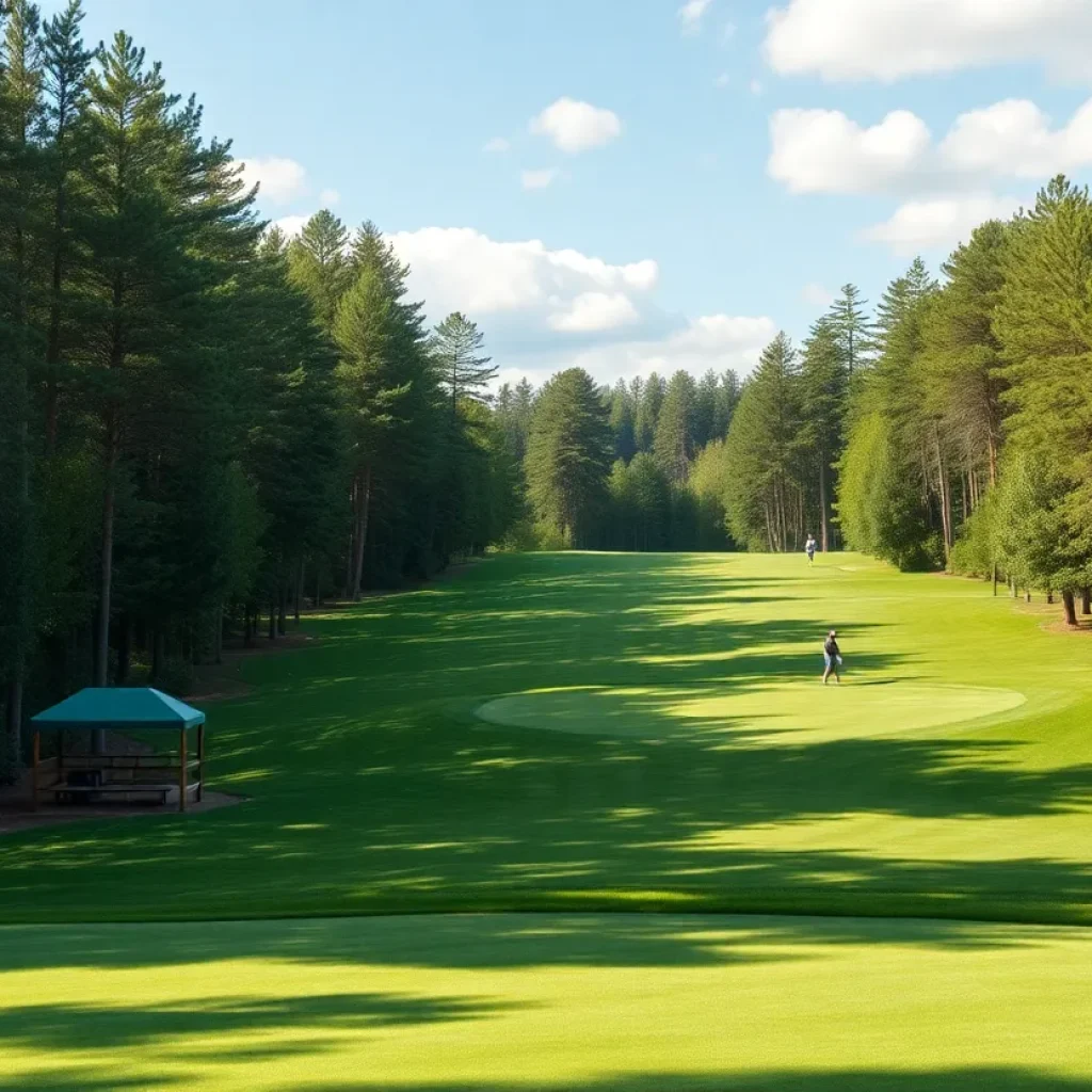 A picturesque golf course surrounded by forest, highlighting the new expansion project.