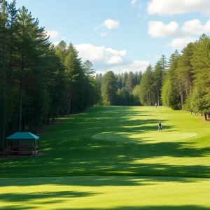 A picturesque golf course surrounded by forest, highlighting the new expansion project.
