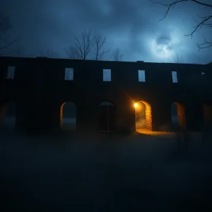 Fort Atkinson ruins illuminated at night with fog and shadows.